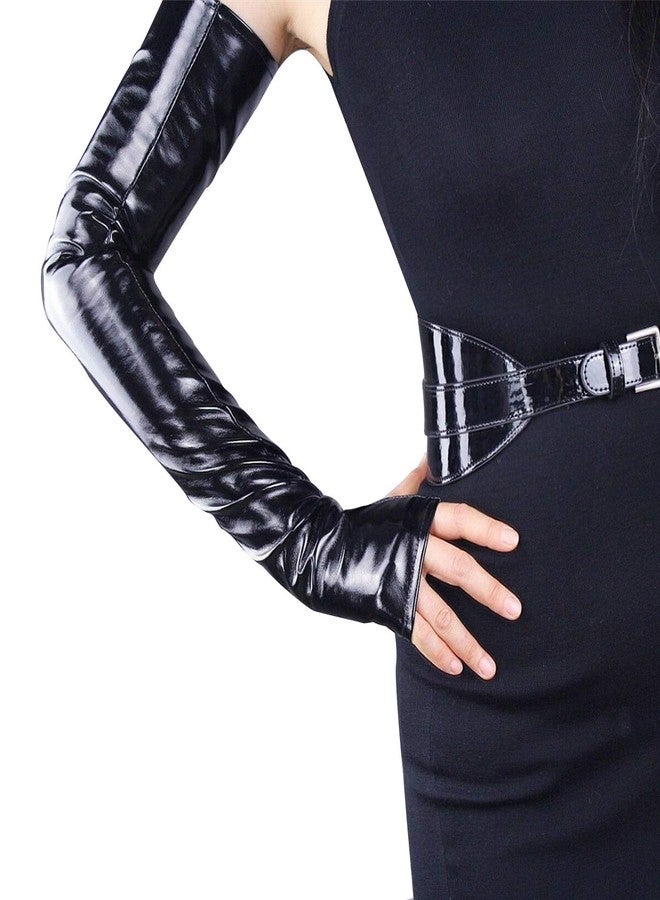 DooWay Opera Long Leather Fingless Gloves for Women Costume Party PU Arm Warmer 24 inches Shiny Black - Image 2